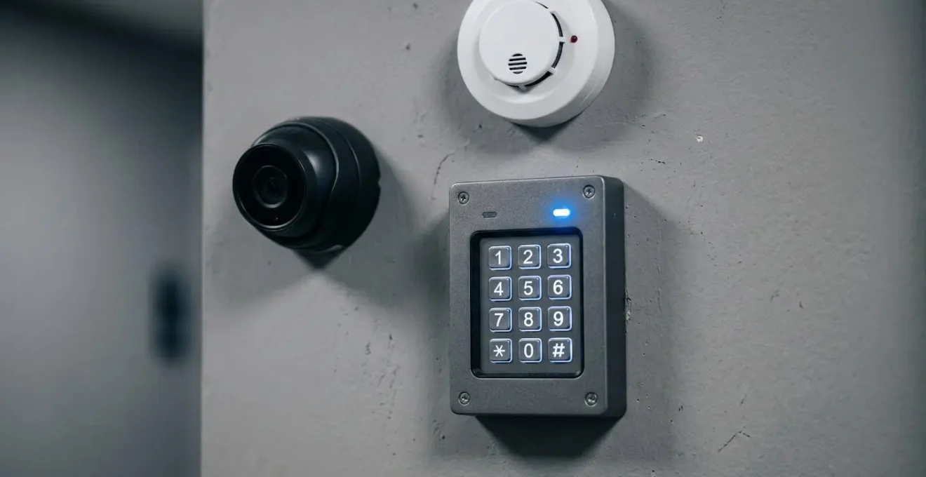 Gros plan sur un système de contrôle d'accès électronique avec caméra de surveillance et détecteur de fumée sur un mur