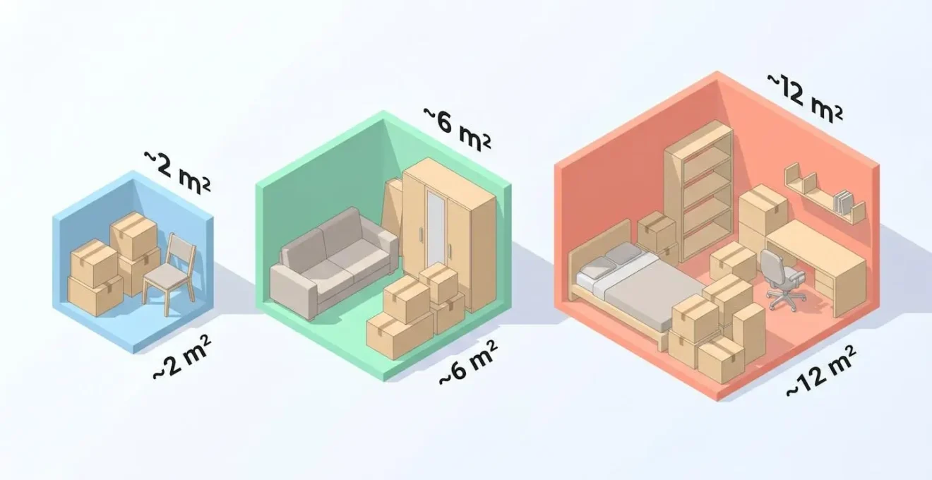 Illustration isométrique de trois box de stockage de tailles croissantes (2, 6 et 12 m²) contenant différents volumes de biens