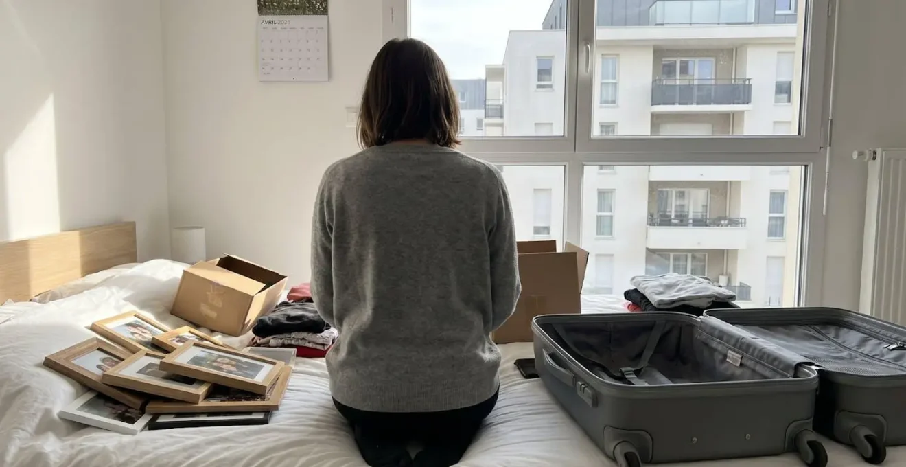 Personne de dos triant des affaires personnelles et des cadres photos sur un lit dans une chambre lumineuse, avec une valise ouverte à proximité